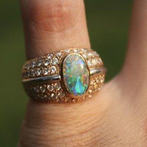 mens opal ring 18k yellow gold & .900 platinum with diamonds 13G Size 7 Black